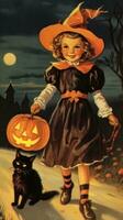 wijnoogst retro kinderen boek ansichtkaart illustratie Jaren 50 eng halloween kostuum glimlach heks foto