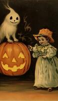 geest geest wijnoogst retro boek ansichtkaart illustratie Jaren 50 eng halloween kostuum glimlach foto