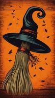 hoed bezem wijnoogst retro boek ansichtkaart illustratie Jaren 50 eng halloween kostuum glimlach heks foto