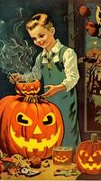 wijnoogst retro kinderen boek ansichtkaart illustratie Jaren 50 eng halloween kostuum glimlach heks foto