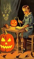 wijnoogst retro kinderen boek ansichtkaart illustratie Jaren 50 eng halloween kostuum glimlach heks foto