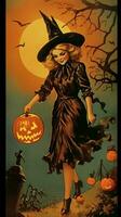 vrouw vrouw heks wijnoogst retro boek ansichtkaart illustratie Jaren 50 eng halloween kostuum glimlach foto