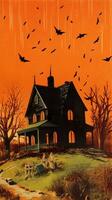 maan vleermuizen wijnoogst retro boek ansichtkaart illustratie Jaren 50 eng halloween kostuum glimlach landschap foto