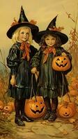 wijnoogst retro kinderen boek ansichtkaart illustratie Jaren 50 eng halloween kostuum glimlach heks foto