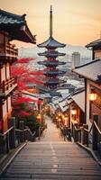 Japan zen landschap panorama visie fotografie sakura bloemen pagode vrede stilte toren muur foto