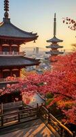 Japan zen landschap panorama visie fotografie sakura bloemen pagode vrede stilte toren muur foto