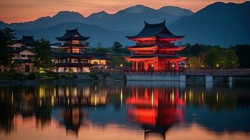 Japan zen brug landschap panorama visie fotografie sakura bloemen pagode vrede stilte toren muur foto