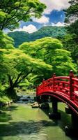 Japan zen brug landschap panorama visie fotografie sakura bloemen pagode vrede stilte toren muur foto