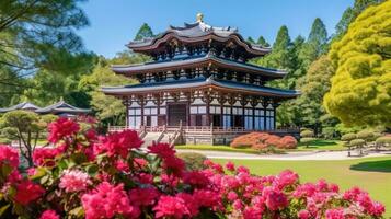 Japan zen tempel vandaag landschap panorama visie fotografie sakura bloemen pagode vrede stilte foto