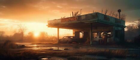 verlaten gas- station post Apocalypse landschap spel behang foto kunst illustratie Roest