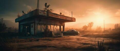 verlaten gas- station post Apocalypse landschap spel behang foto kunst illustratie Roest