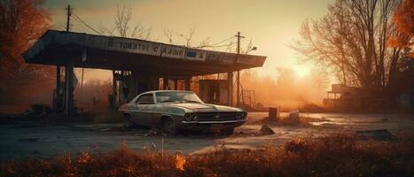 verlaten gas- station post Apocalypse landschap spel behang foto kunst illustratie Roest