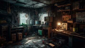 in de steek laten kelder kamer gamer post Apocalypse landschap spel behang foto kunst illustratie Roest