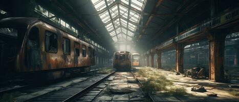 station spoorweg trein maanlicht post Apocalypse landschap spel behang foto kunst Roest