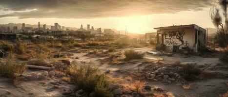 stad landschap zonsopkomst stof mist Apocalypse landschap spel behang foto kunst illustratie Roest