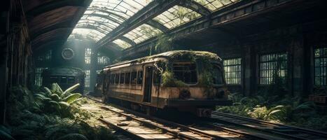 trein wagon metro station post Apocalypse landschap spel behang foto kunst illustratie Roest