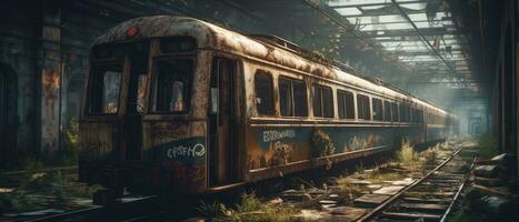 trein wagon metro station post Apocalypse landschap spel behang foto kunst illustratie Roest