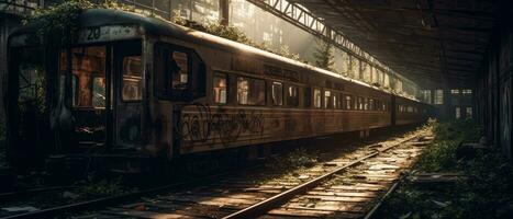 trein wagon metro station post Apocalypse landschap spel behang foto kunst illustratie Roest