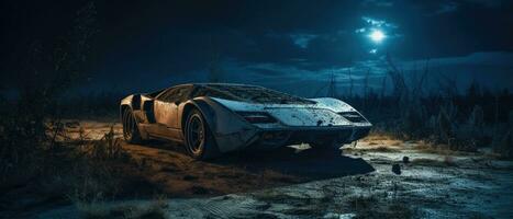 retro super auto vernietigd post Apocalypse landschap spel behang foto kunst illustratie Roest