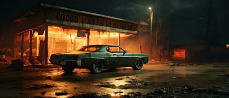 retro auto spier geïsoleerd post Apocalypse landschap spel behang foto kunst illustratie Roest