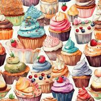 cupcakes zoet naadloos patroon bloemen scrapbooking vel ontwerp pastel afdrukken schilderij waterverf foto