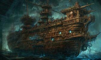 schip zee oceaan oud piraat landschap stad mysticus poster buitenaards wezen steampunk behang fantastisch foto