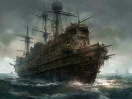 schip zee oceaan oud piraat landschap stad mysticus poster buitenaards wezen steampunk behang fantastisch foto