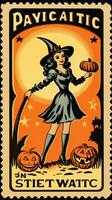 heks vrouw schattig port postzegel retro wijnoogst Jaren 30 halloweens pompoen illustratie scannen poster foto