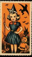 kinderen kinderen schattig port postzegel retro wijnoogst Jaren 30 halloweens pompoen illustratie scannen poster foto