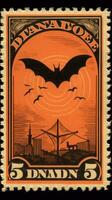 vleermuizen maan schattig port postzegel retro wijnoogst Jaren 30 halloweens pompoen illustratie scannen poster foto