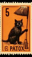zwart kat hoed schattig port postzegel retro wijnoogst Jaren 30 halloweens pompoen illustratie scannen poster foto
