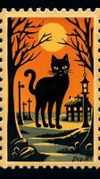 zwart kat hoed schattig port postzegel retro wijnoogst Jaren 30 halloweens pompoen illustratie scannen poster foto