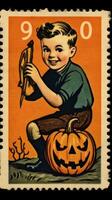 kinderen kinderen schattig port postzegel retro wijnoogst Jaren 30 halloweens pompoen illustratie scannen poster foto