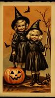 kinderen kinderen schattig port postzegel retro wijnoogst Jaren 30 halloweens pompoen illustratie scannen poster foto