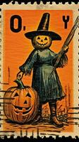 vogelverschrikker schattig port postzegel retro wijnoogst Jaren 30 halloweens pompoen illustratie scannen poster foto