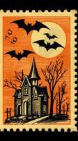 kasteel huis vleermuizen maan schattig port postzegel retro wijnoogst Jaren 30 halloweens illustratie scannen poster foto