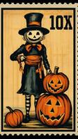 vogelverschrikker schattig port postzegel retro wijnoogst Jaren 30 halloweens pompoen illustratie scannen poster foto