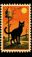 zwart kat hoed schattig port postzegel retro wijnoogst Jaren 30 halloweens pompoen illustratie scannen poster foto