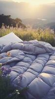 bed in de veld- ontspanning hoofdkussen sprei bloemen plaats droom zacht Hoes foto slaapkamer lucht zen