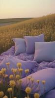 bed in de veld- ontspanning hoofdkussen sprei bloemen plaats droom zacht Hoes foto slaapkamer lucht zen