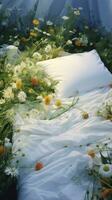 bed in de veld- ontspanning hoofdkussen sprei bloemen plaats droom zacht Hoes foto slaapkamer lucht zen