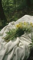 bed in de veld- ontspanning hoofdkussen sprei bloemen plaats droom zacht Hoes foto slaapkamer lucht zen