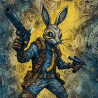 gek konijn haas geweer boos portret expressief illustratie artwork olie geschilderd schetsen tatoeëren foto