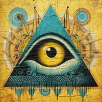 surrealistische abstract oog driehoek piramide magie metselaar tatoeëren geel illustratie artwork poster foto