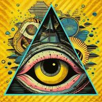 surrealistische abstract oog driehoek piramide magie metselaar tatoeëren geel illustratie artwork poster foto