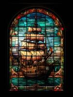 schip zee gebrandschilderd glas venster mozaïek- religieus collage artwork retro wijnoogst getextureerde religie foto