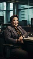 oosten- Aziatisch plus grootte gelukkig golvend manager modern kantoor geslaagd baan Directeur bedrijf vrouw foto