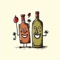wijn flessen schetsen karikatuur beroerte tekening illustratie vector hand- getrokken mascotte clip art foto