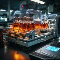 geneeskunde pillen pot fles productie fabriek werkruimte machine robot monteur transportband foto