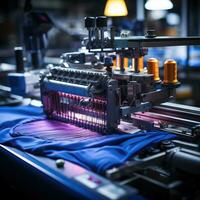 het weven textiel fabriek werkruimte machine robot productie monteur transportband foto dichtbij